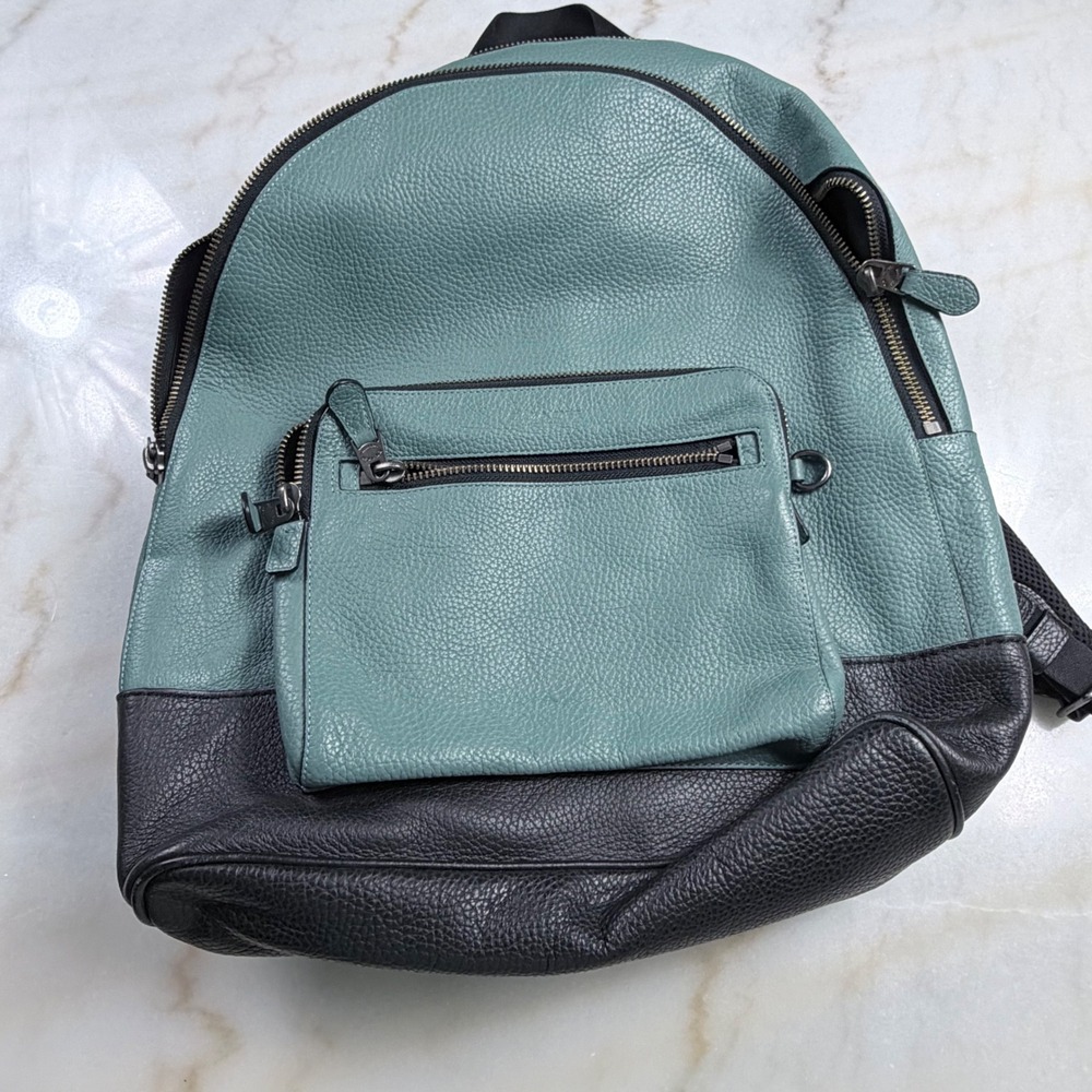 Coach West Backpack Teal Black Pebbled Leather F27287 Mens Bag